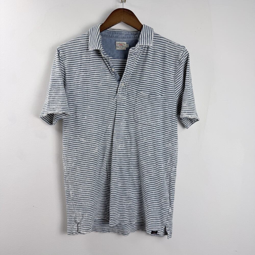 Faherty Stripe Blue Pink Blue Indigo Wash Short Sleeve Polo Shirt M